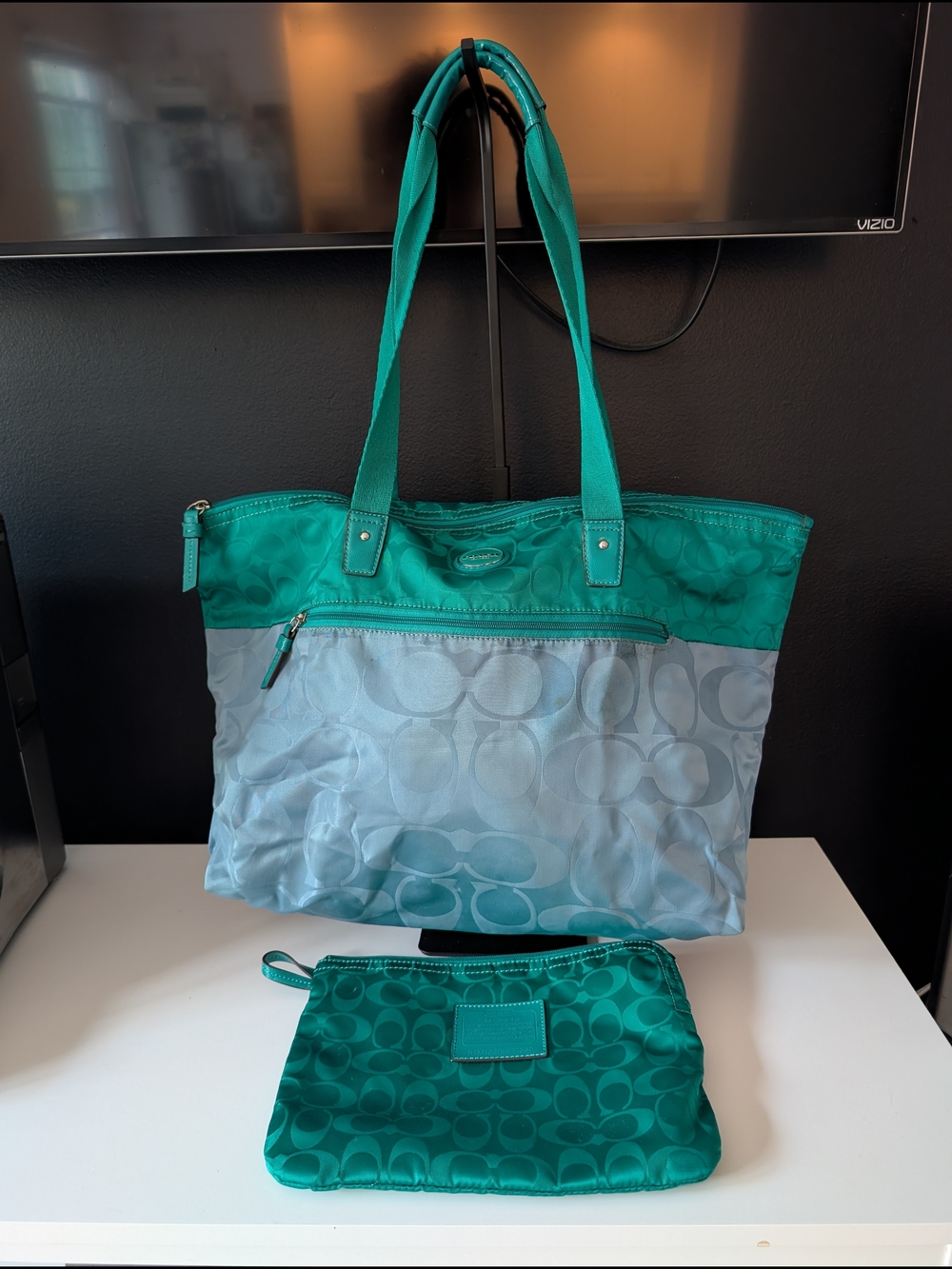 Coach Weekender Green and Light Blue Signature Jacquard Nylon Set